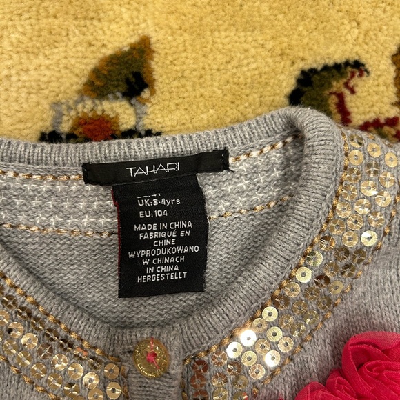 Tahari Gray Cardigan with Gold Sequins and Pink Flower - Picture 4 of 4